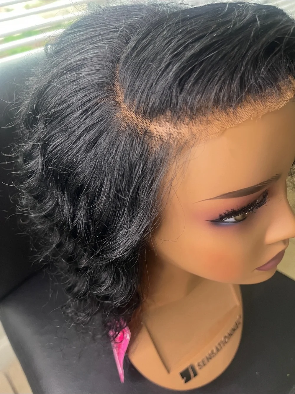 Short Curly Lace Front Wig - Natural Black pre styled unit 100% human hair
